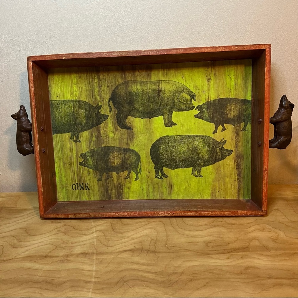 Lori Siebert Oink Rustic Tray with Cast Iron Pig Handles